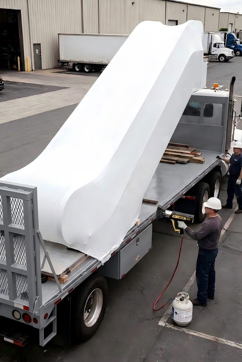 Worker applying white industrial shrink wrap sheeting on heavy machinery for outdoor transport protection