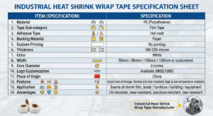 Specification table of shrink‑wrap tape, industrial shrink film adhesive tape parameters chart