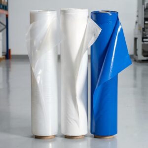 White and blue industrial shrink wrap film rolls for outdoor equipment protection