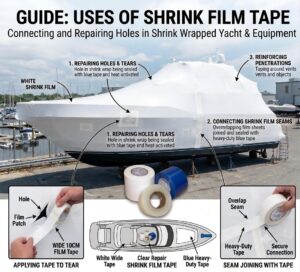 showing uses of shrink‑wrap tape for yacht shrink film covering, seam joining and hole repair