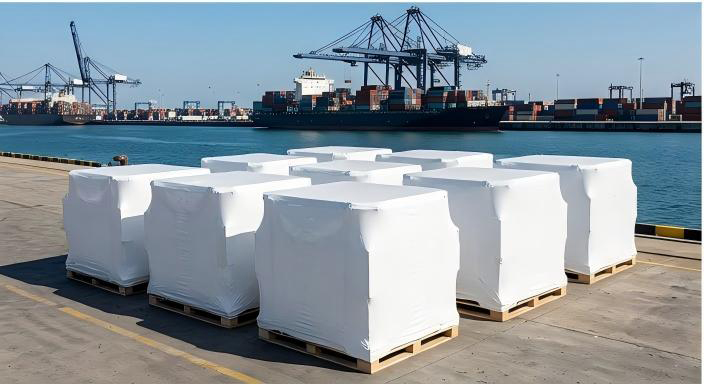 outdoor-image-02 Pallet goods covered with white shrink wrap film at seaport terminal for shipping protection