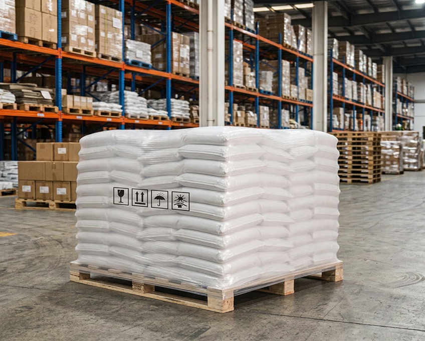 Pallet shrink hood Palletized goods secured with white PE pallet shrink hood in warehouse storage