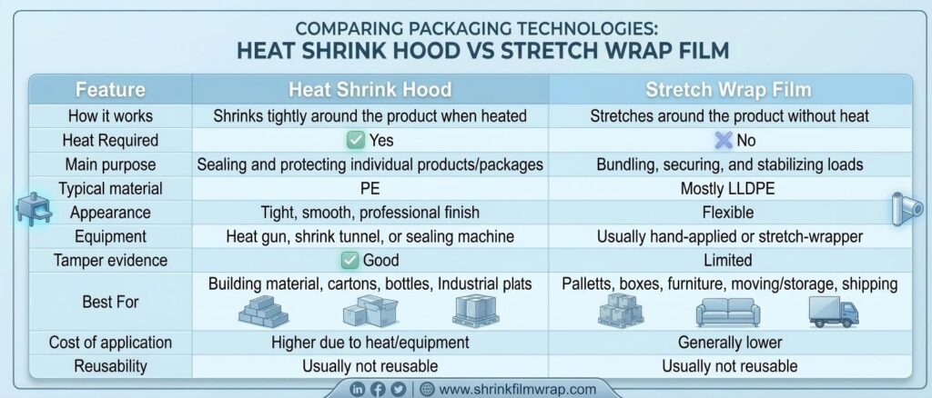 Pallet shrink hood Heat Shrink Hood Film vs Stretch Wrap Film comparison chart